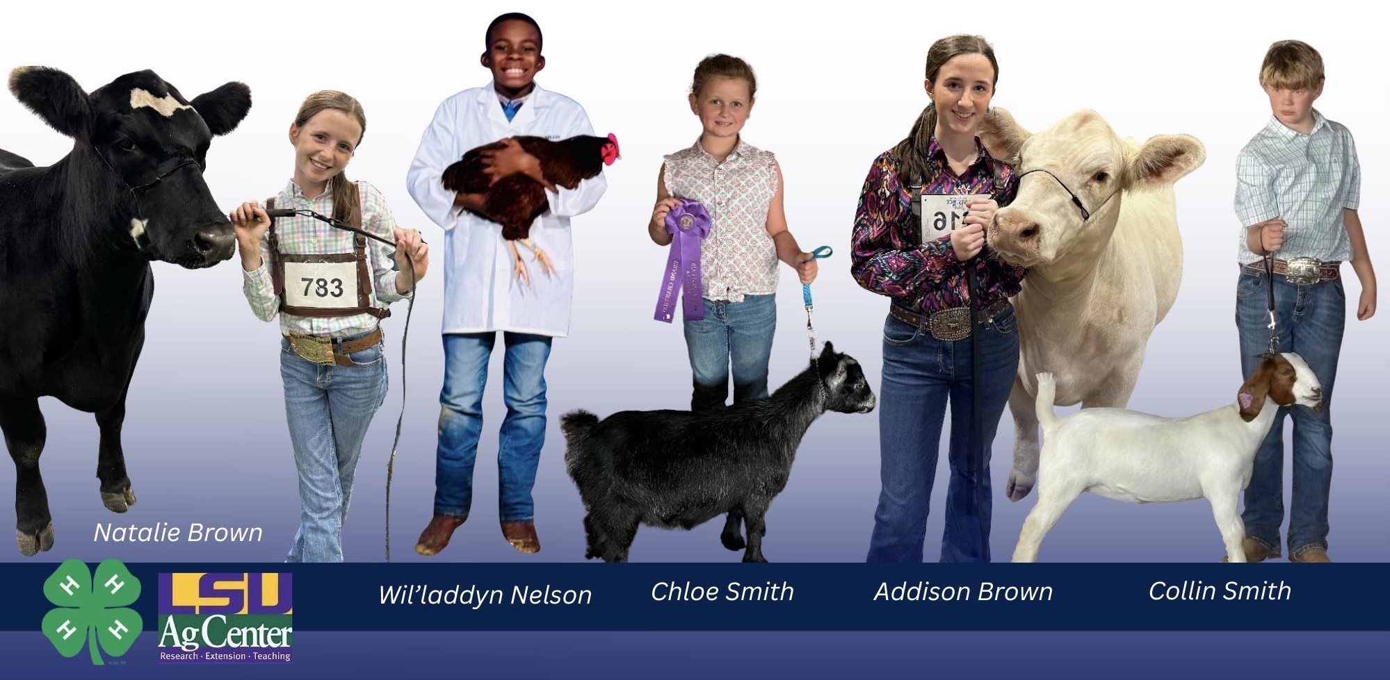 Five kids posing with their animals. 4-H Emblem logo. LSU AgCenter Research, Extension, Teaching logo.